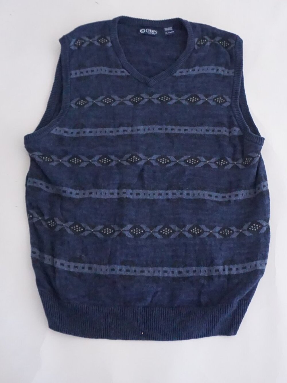 Chaps Navy Blue Geometric Diamond Striped V Neck Sleeveless Knit Sweater Vest XL